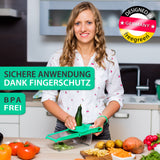 freegreen® GERMANY Obst- & Gemüsehobel aus Edelstahl mit V-Klinge & Auffangbehälter I Inklusive Gemüsehalter für perfekte Obst- & Gemüsescheiben sowie Juliennestreifen