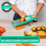 freegreen® GERMANY Obst- & Gemüsehobel aus Edelstahl mit V-Klinge & Auffangbehälter I Inklusive Gemüsehalter für perfekte Obst- & Gemüsescheiben sowie Juliennestreifen