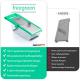 freegreen® GERMANY Obst- & Gemüsehobel aus Edelstahl mit V-Klinge & Auffangbehälter I Inklusive Gemüsehalter für perfekte Obst- & Gemüsescheiben sowie Juliennestreifen