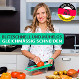 freegreen® GERMANY Obst- & Gemüsehobel aus Edelstahl mit V-Klinge & Auffangbehälter I Inklusive Gemüsehalter für perfekte Obst- & Gemüsescheiben sowie Juliennestreifen