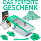 freegreen® GERMANY Obst- & Gemüsehobel aus Edelstahl mit V-Klinge & Auffangbehälter I Inklusive Gemüsehalter für perfekte Obst- & Gemüsescheiben sowie Juliennestreifen