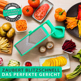 freegreen® GERMANY Obst- & Gemüsehobel aus Edelstahl mit V-Klinge & Auffangbehälter I Inklusive Gemüsehalter für perfekte Obst- & Gemüsescheiben sowie Juliennestreifen